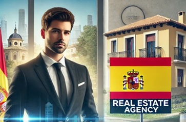 Um empresário imobiliário profissional em frente a um escritório moderno e à bandeira da Espanha